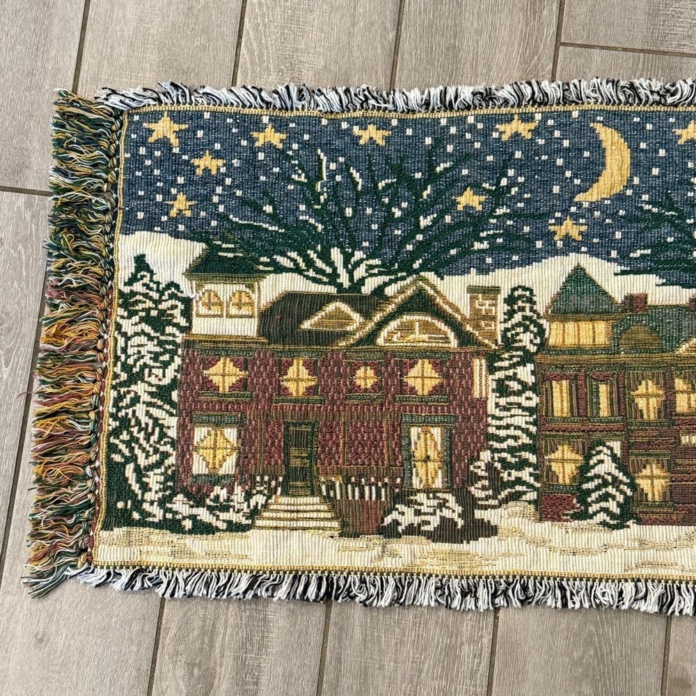 Vintage Tapestry Christmas Village Rug Table Runner 36x18 - Picture 2 of 7